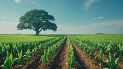 Obraz premium A large tree standing in the middle of cultivated farmland with rows of crops under a clear sky.