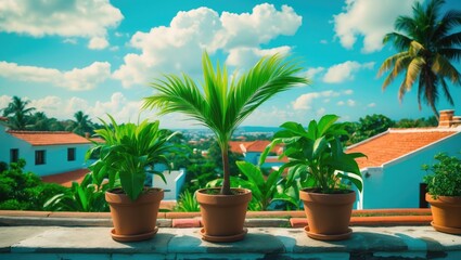 Fototapeta premium A view of potted plants on a balcony with rooftops, green trees, and a bright blue sky with clouds in the background.
