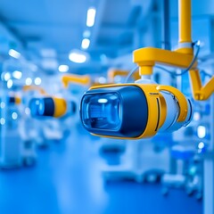Advanced Medical Equipment and Surgical Lights in Modern Hospital Operating Room with Blue Color Theme