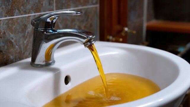 Contaminated Water: A close-up captures a chrome faucet spewing yellow water into a porcelain sink, symbolizing water pollution and environmental concerns.