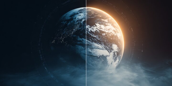 Digital graphic of ozone layer depleting and recovering over time, split screen concept, global warming theme