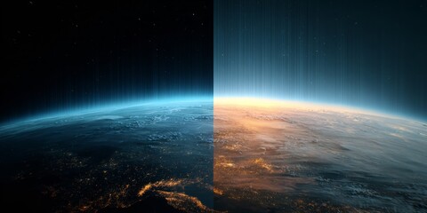 Digital graphic of ozone layer depleting and recovering over time, split screen concept, global warming theme