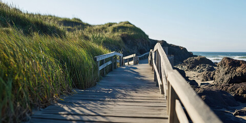 Obraz premium Coastal Boardwalk Path with Beach Grass and Rocks