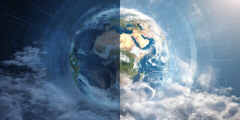 Digital graphic of ozone layer depleting and recovering over time, split screen concept, global warming theme