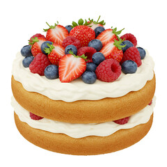 3D Illustration of Layered Cake with Cream and Berries Isolated