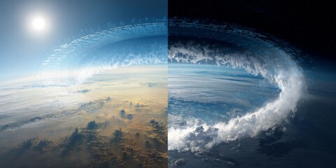 Digital graphic of ozone layer depleting and recovering over time, split screen concept, global warming theme