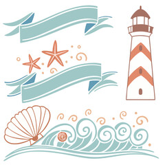 Textured illustrations and frames set for summer and the sea Decorations, ornaments, ribbons, summer vacation, watercolor style, waves