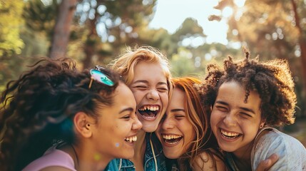 Best friends having a blast outside. Young people laughing and hugging in the sunshine. They're making memories and enjoying their youth.