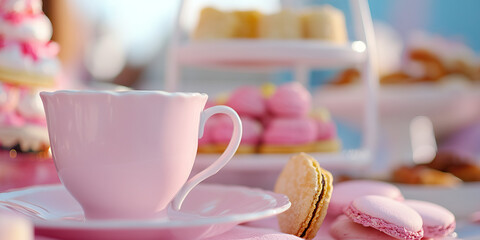 Pink Teacup, Saucer, and Pastries on Tiered Server