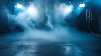 Blue cement floor in a studio room with smoke and spotlights creates a digital future atmosphere.