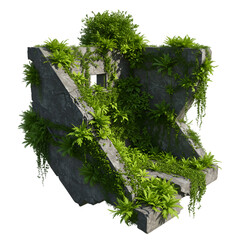 3D Illustration of Overgrown Concrete Ruins with Transparent Background