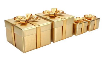 Obraz premium Four golden gift boxes with satin ribbon bows arranged diagonally on black background present