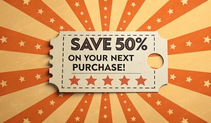 Vintage-style graphic featuring a price tag with the text Save 50% on your next purchase prominently displayed. The tag is set against a sunburst background in orange and cream, with decorative stars 