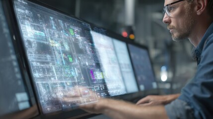 Industrial engineer analyzing real time energy and ammonia data through futuristic transparent digital screen in sophisticated control room environment