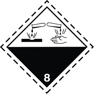 GHS transport hazardous material sign class 8 corrosive substance. Hazard symbol UN Class 8 Corrosive substance. GHS ADR Class 8 Corrosive substances. Corrosion corrosive symbol.