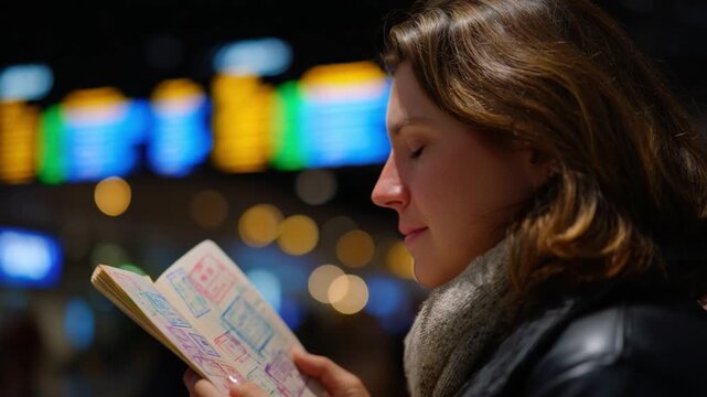 Passport Examination: A focused woman examines a passport, with the soft glow of a travel hub providing a contextual background. It captures the feeling of an individual checking important details.