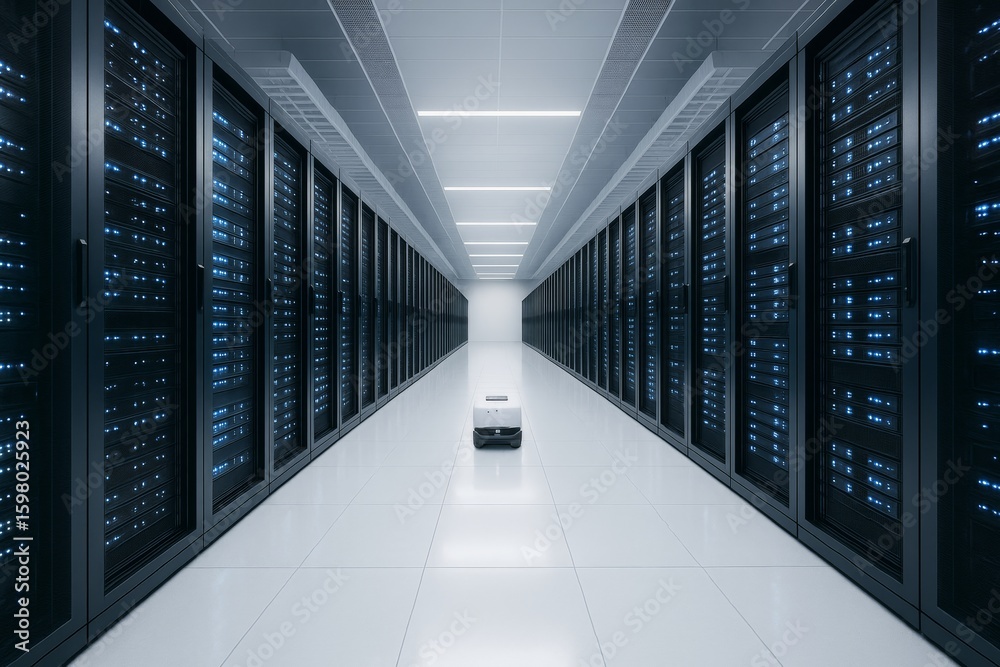 Poster futuristic robot navigating high-tech server room with glowing lights and modern ceiling structure o