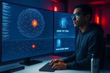 Cybersecurity expert analyzing network threat data on futuristic interface in dark tech room with glowing screens and ambient red light background. Ai generative