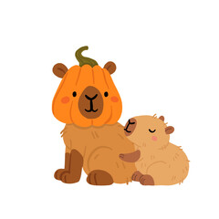 Cute Halloween capybara clipart set. cartoon witch capybara with hat, pumpkin costume, candle. Sleeping big and small funny kawaii animal vector illustration