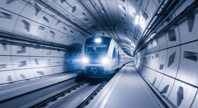Modern high speed train racing through a futuristic tunnel, surrounded by vibrant lights and enhanced by a motion blur effect, captures the essence of rapid urban transportation - Powered by Adobe