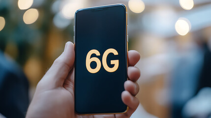 Smartphone showcasing 6G technology. The display boldly features "6G" in a gold hue, held in hand.  A blurred background. Captures the next gen technology buzz.
