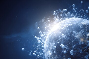 Global network with Earth and ozone molecules connected, science tech theme, blue and white tones