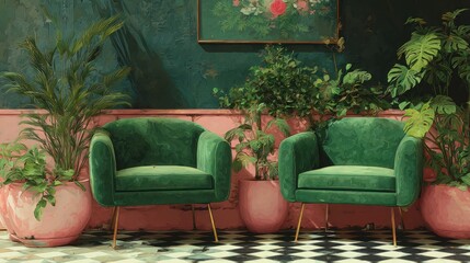 Interior design featuring two emerald green velvet armchairs, pink accents, and lush greenery