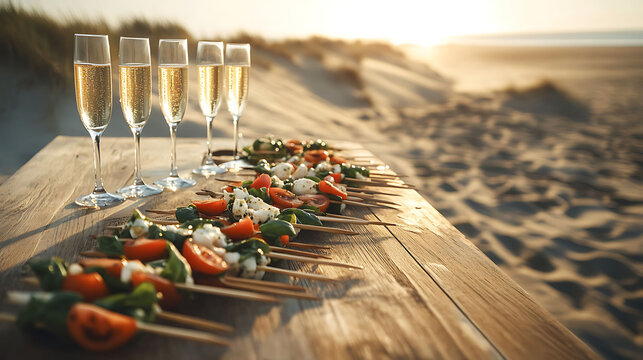 A polished wooden beach table with flutes of champagne and caprese skewers, sand dunes and warm sunrays visible in the distance - Powered by Adobe
