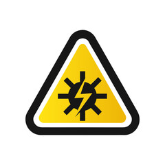 Yellow triangle hazard sign with black border and gear lightning bolt symbol on white background