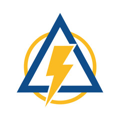 Blue triangle and yellow circle with lightning bolt vector illustration on white background
