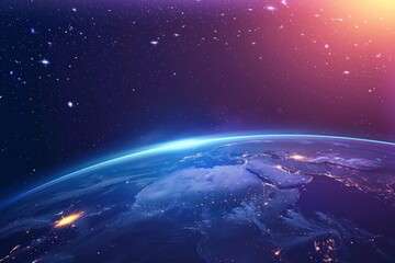 Fototapeta premium Ozone layer illustration with atmosphere layers labeled, UV protection concept, glowing Earth from space, educational vector design