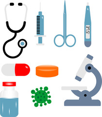 Vector medical icons set: bottle, pill, stethoscope, thermometer, and pharmacy symbols for healthcare design and hospital equipment