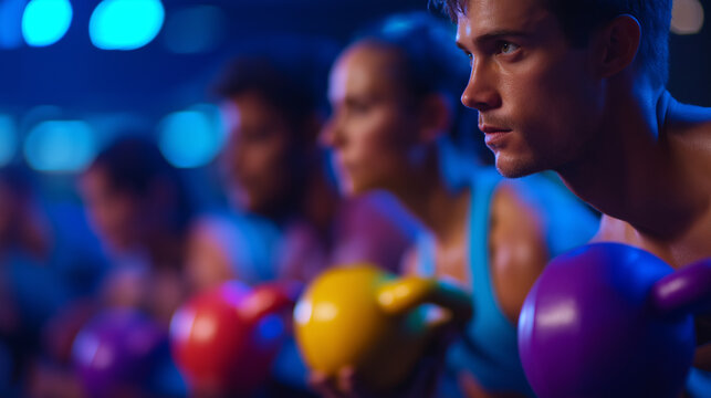 Kettlebell Fitness Class in Action with Athletes Lifting Together