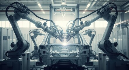 Advanced automation technology in a factory producing ecofriendly electric automobiles.