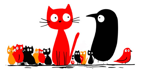 Fairy tale, black cats, birds, forest spirits, isolates, vector graphics, colored icons for children, white background, Red World style. Editable line icons. Vector illustration.