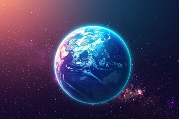 Obraz premium Ozone layer illustration with atmosphere layers labeled, UV protection concept, glowing Earth from space, educational vector design