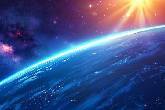Ozone layer illustration with atmosphere layers labeled, UV protection concept, glowing Earth from space, educational vector design