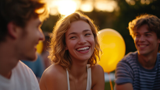 Joyful Friends Laughing and Blowing Up Balloons at Sunset