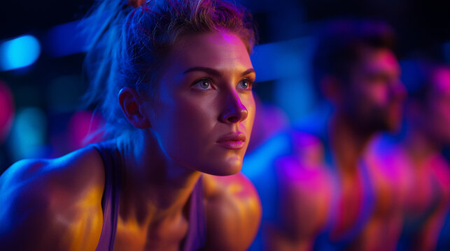 Kettlebell fitness class athletes training in low light