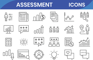 Assessment  outline web icons set. Audit, analysis, plan, evaluation, quality process, result and goal. Vector illustration
