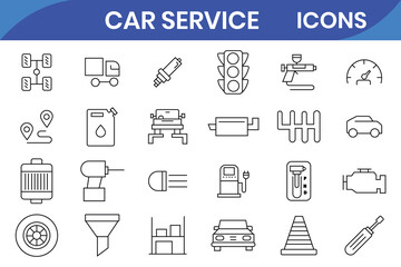  Car service icon set .Auto service and repair icon collection. Vehicle repair, wheel, engine, battery, fuel, traffic, brake, automobile, auto service. Car service and garage.