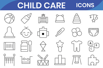 Child care line web icons. international children day, kid rights, parenthood. Outline icon collection. Vector illustration