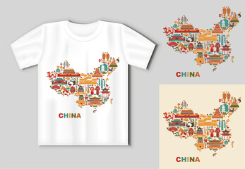 Vector map of China made of cultural symbols and traditional landmarks with editable T Shirt mockup for travel and souvenir design
