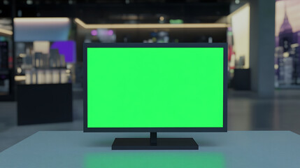 Display with green screen on a white table in a modern showroom. Great for compositing video or images, perfect for presentations and product demonstrations.