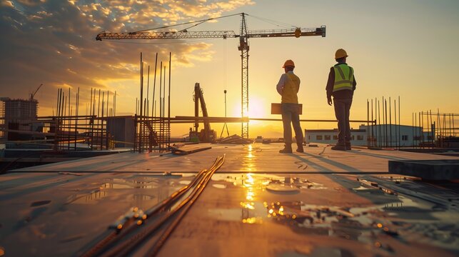Construction engineers at a building site check the progress of a project. They are standing on a new concrete floor, with a crane and roof in the background.