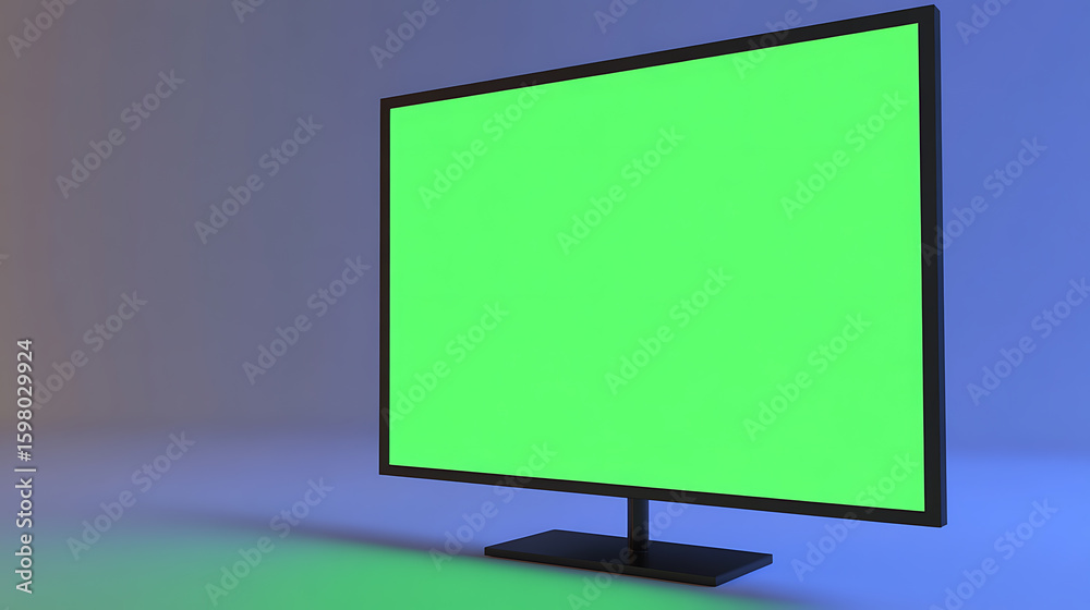 Fototapete Television with a green screen on a smooth surface in front of a blue to purple gradient background. Mockup screen for easy replacement.