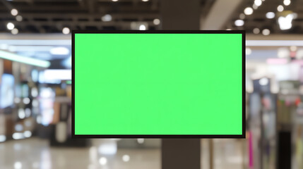 Green Screen Display: A large, horizontal screen with a green background is mounted in a retail environment, ready for digital advertising or custom content.