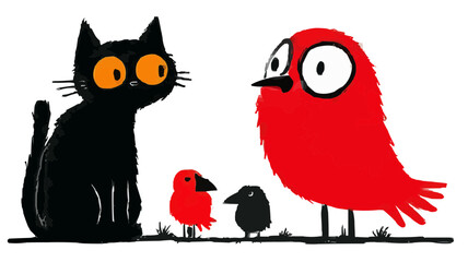 Fairy tale, black cats, birds, forest spirits, isolates, vector graphics, colored icons for children, white background, Red World style. Editable line icons. Vector illustration.