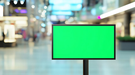 Obraz premium Digital signage with green screen in busy mall. Modern communication concept. Customizable content, perfect for advertising and information display.