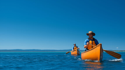 Obraz premium Joyful paddlers in tandem canoes gliding peacefully on a lake